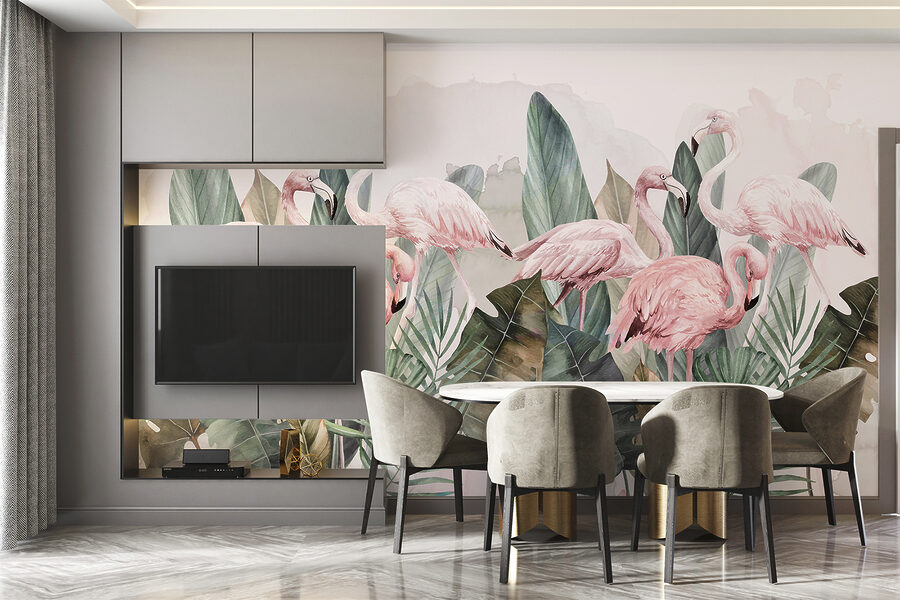 A group of pink flamingos and leaves