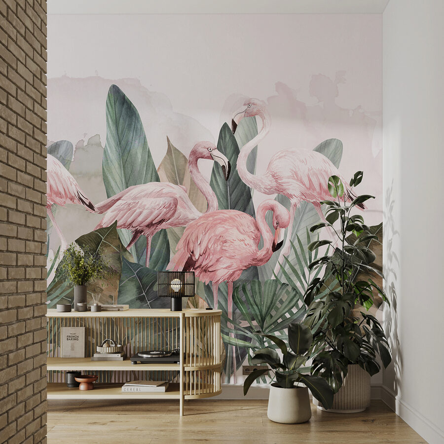 A group of pink flamingos and leaves