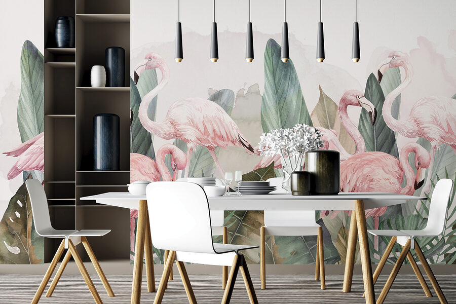 A group of pink flamingos and leaves