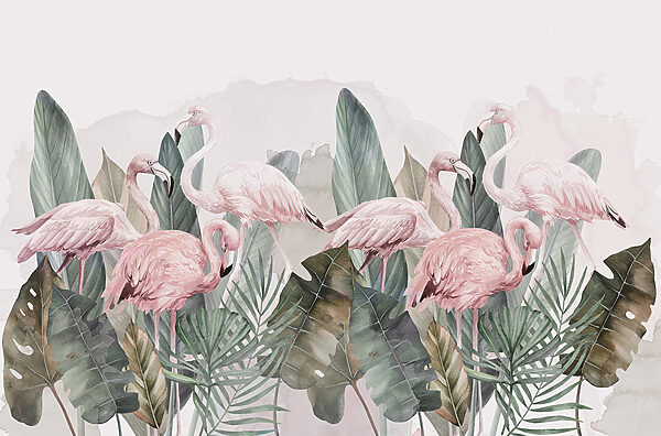 A group of pink flamingos and leaves A group of pink flamingos and leaves