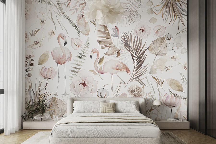 A watercolor painting of flamingos and flowers