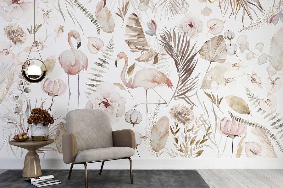 A watercolor painting of flamingos and flowers