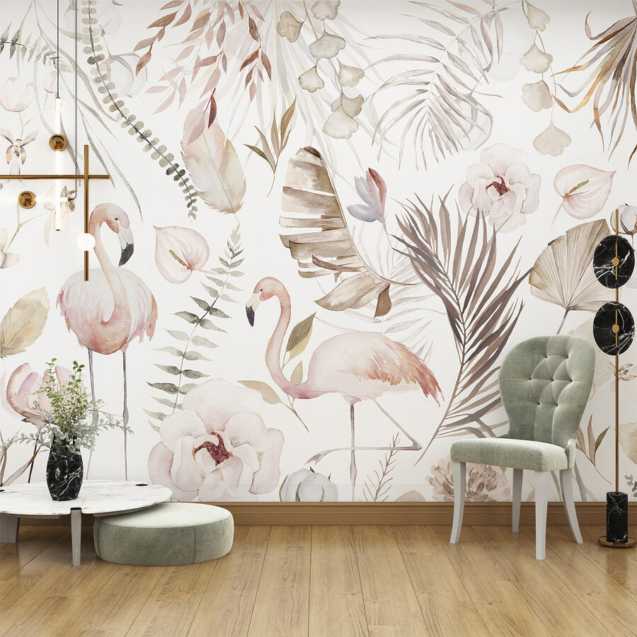 A watercolor painting of flamingos and flowers