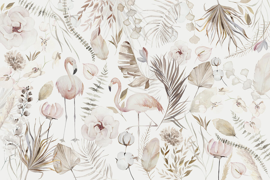 A watercolor painting of flamingos and flowers