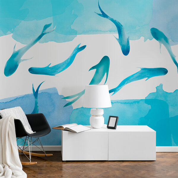 A group of blue fish swimming in water A group of blue fish swimming in water