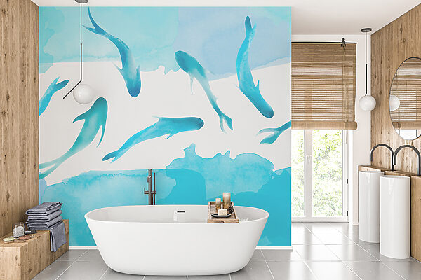 A group of blue fish swimming in water A group of blue fish swimming in water
