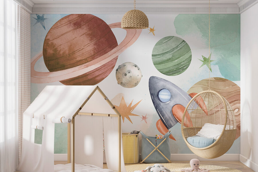 A rocket and planets in space