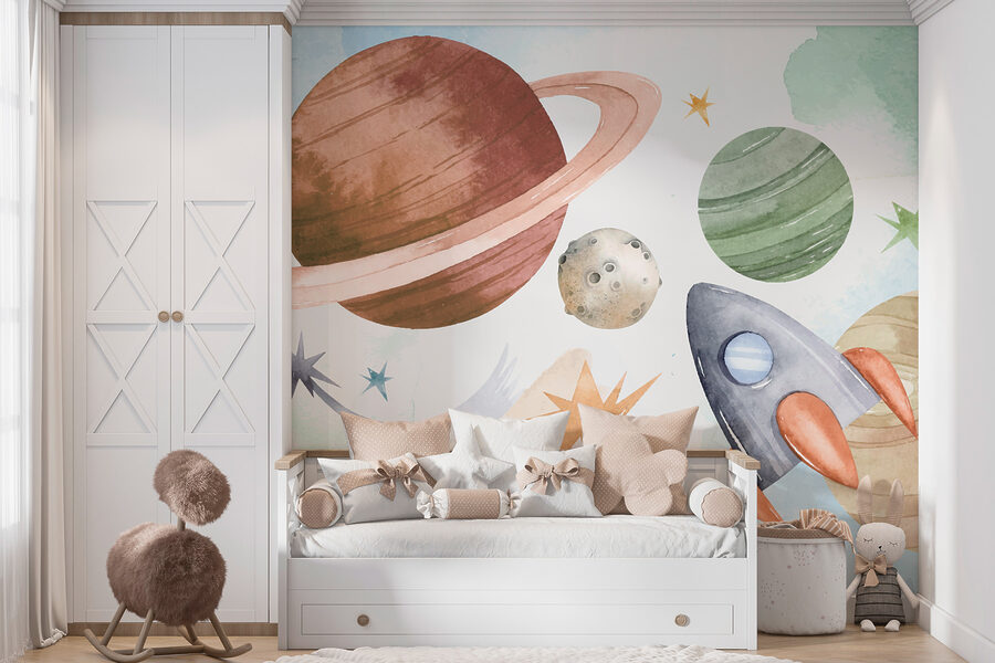 A rocket and planets in space