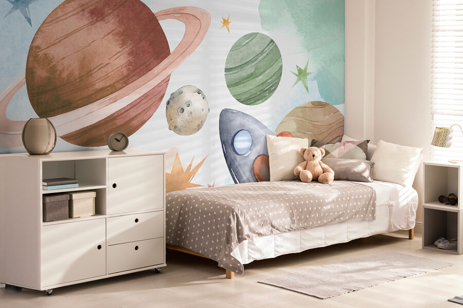 A rocket and planets in space