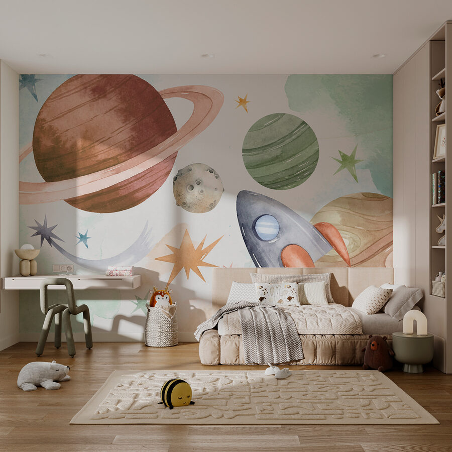 A rocket and planets in space