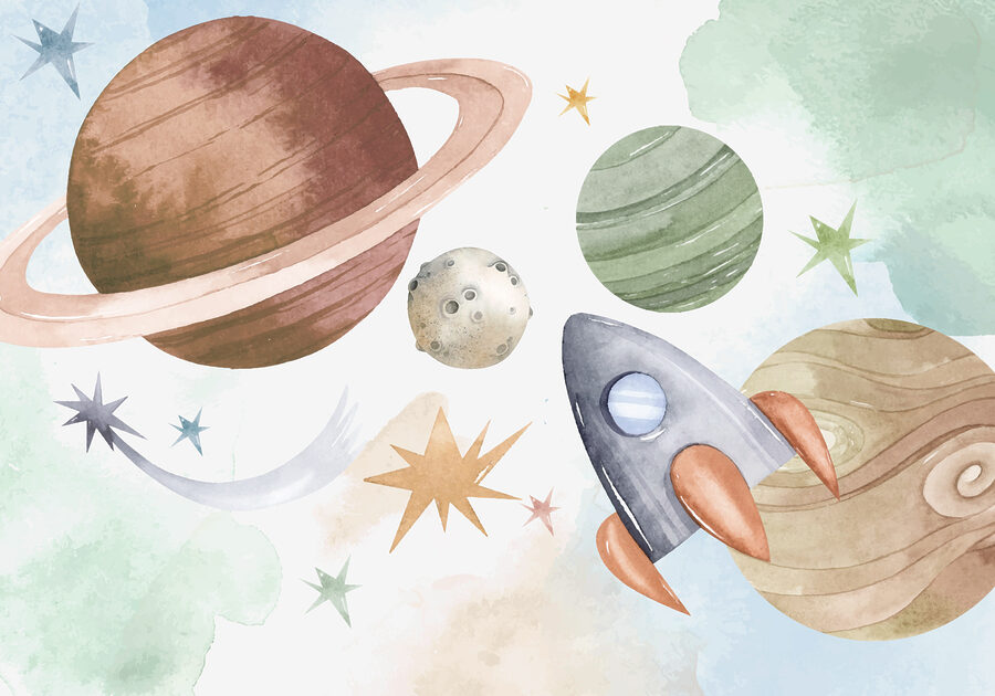 A rocket and planets in space