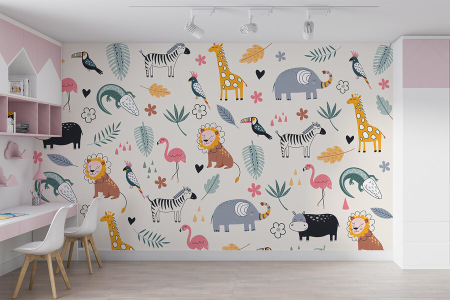 A pattern of animals and leaves