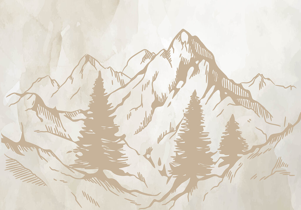A drawing of mountains and trees A drawing of mountains and trees