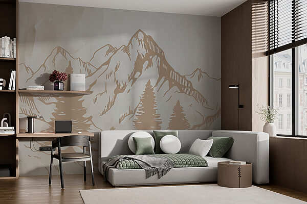 A drawing of mountains and trees A drawing of mountains and trees