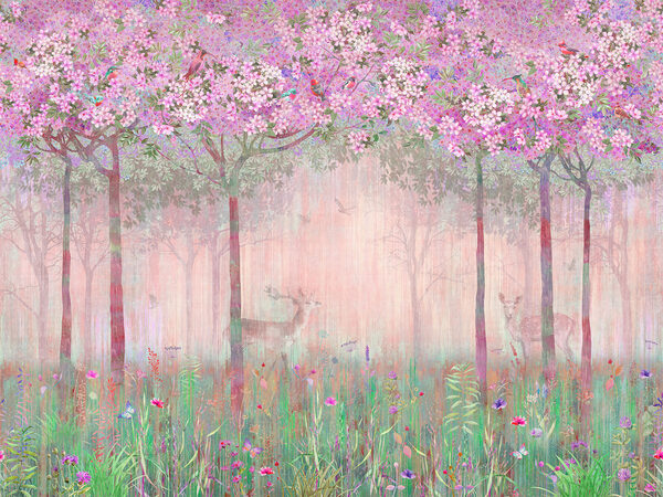 A painting of a forest with pink flowers and trees A painting of a forest with pink flowers and trees
