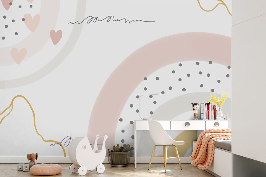 A white background with pink and grey circles and dots