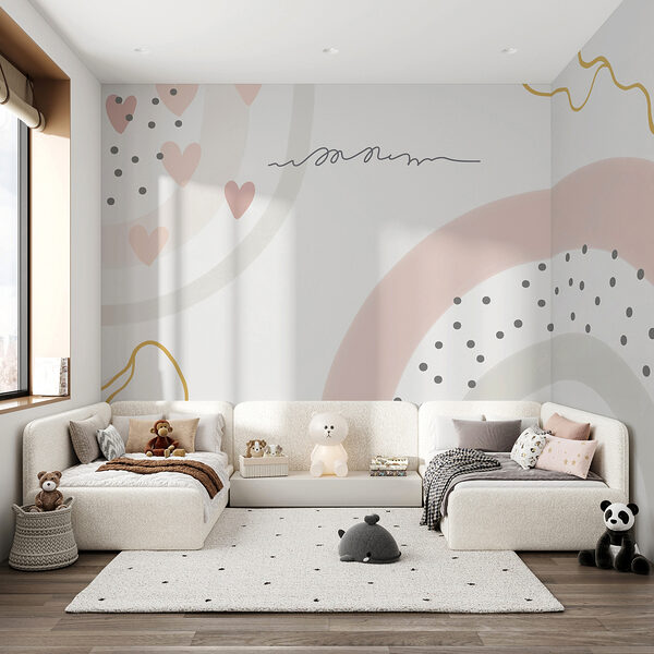 A white background with pink and grey circles and dots A white background with pink and grey circles and dots