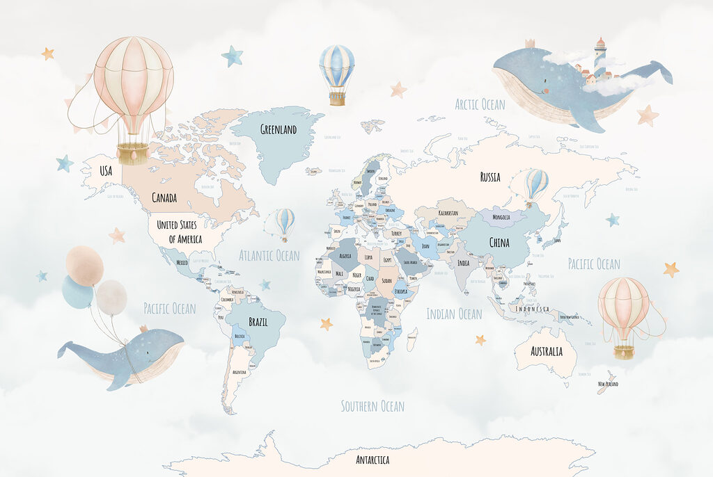 A map of the world with hot air balloons A map of the world with hot air balloons