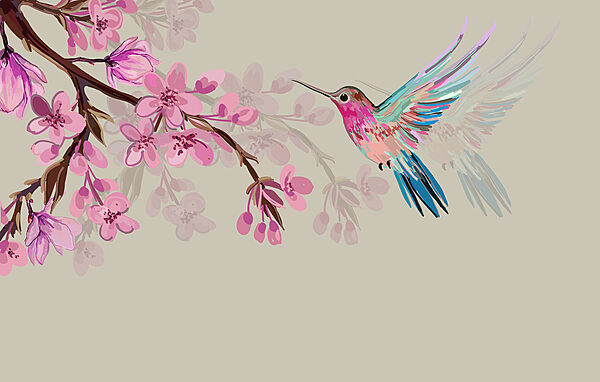 A bird flying next to a branch of flowers A bird flying next to a branch of flowers
