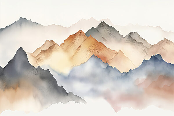 A painting of mountains in the fog A painting of mountains in the fog