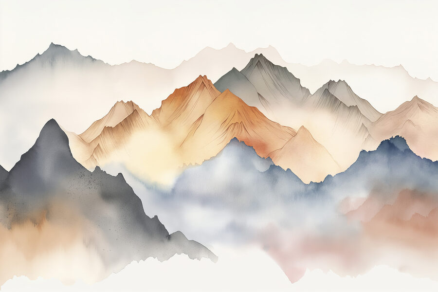 A painting of mountains in the fog A painting of mountains in the fog