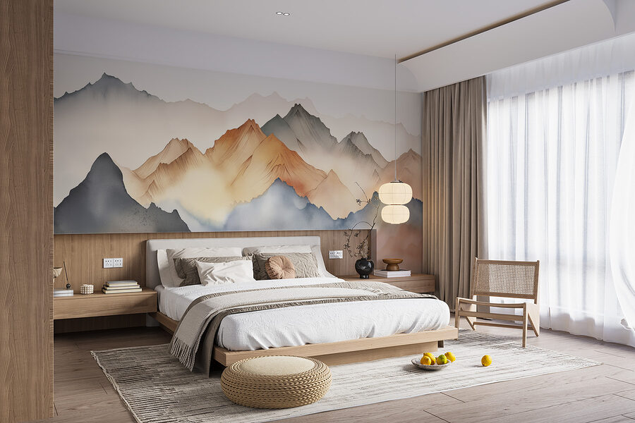 A painting of mountains in the fog A painting of mountains in the fog