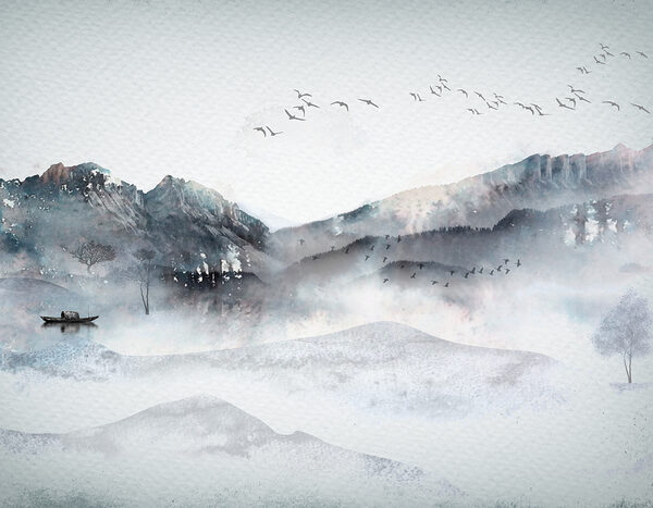 A painting of a mountain range with birds flying over it A painting of a mountain range with birds flying over it