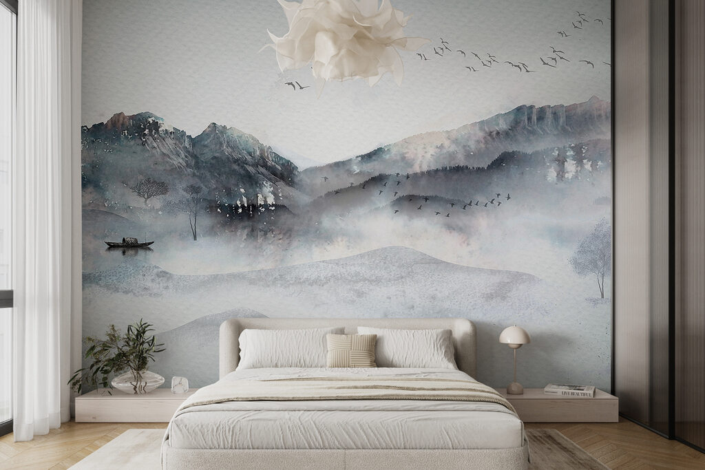 A painting of a mountain range with birds flying over it A painting of a mountain range with birds flying over it