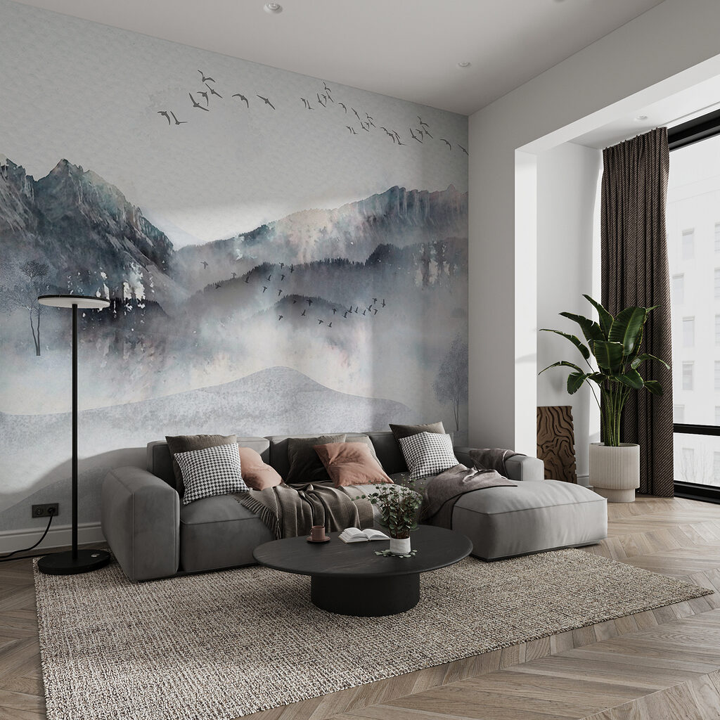 A painting of a mountain range with birds flying over it A painting of a mountain range with birds flying over it