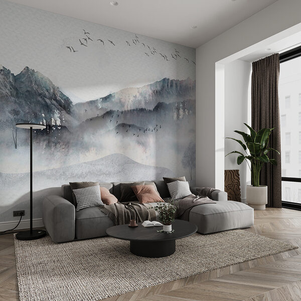 A painting of a mountain range with birds flying over it A painting of a mountain range with birds flying over it