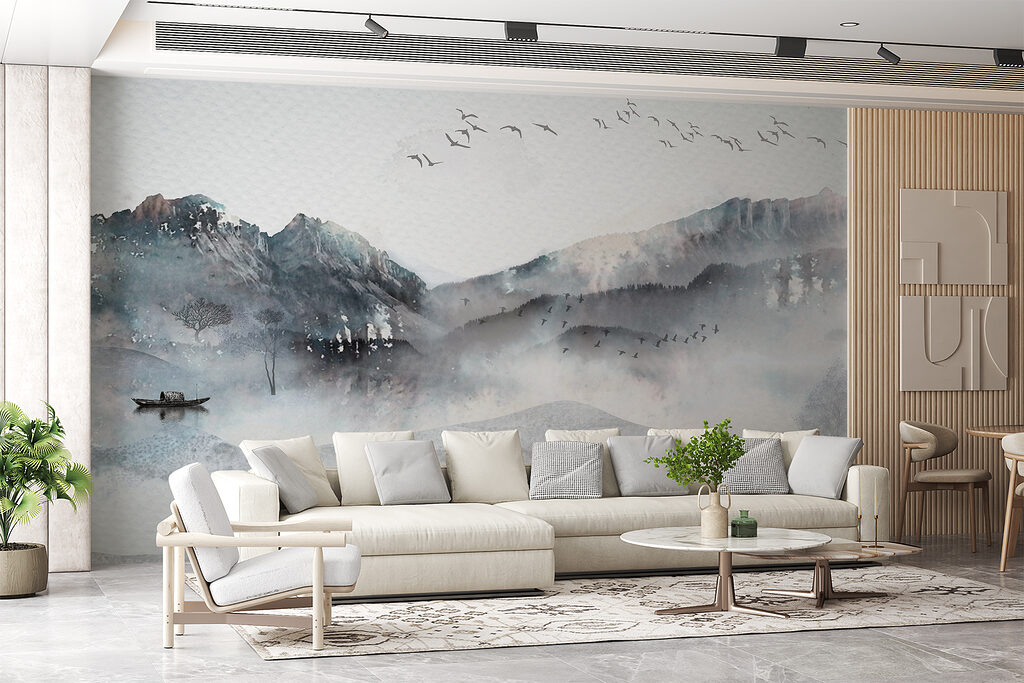 A painting of a mountain range with birds flying over it A painting of a mountain range with birds flying over it