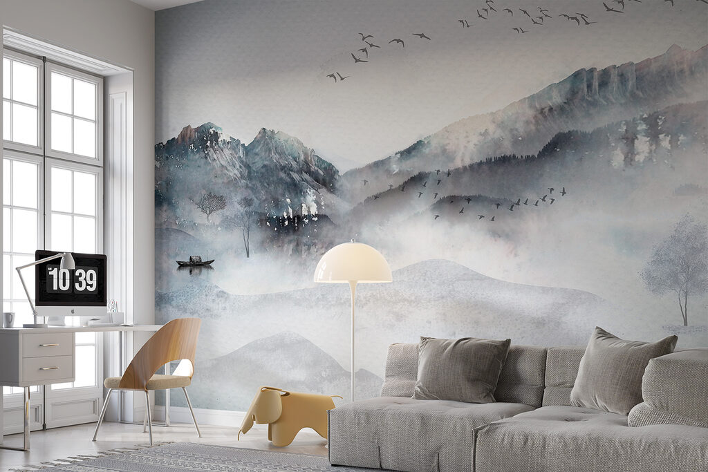 A painting of a mountain range with birds flying over it A painting of a mountain range with birds flying over it