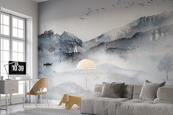 A painting of a mountain range with birds flying over it A painting of a mountain range with birds flying over it