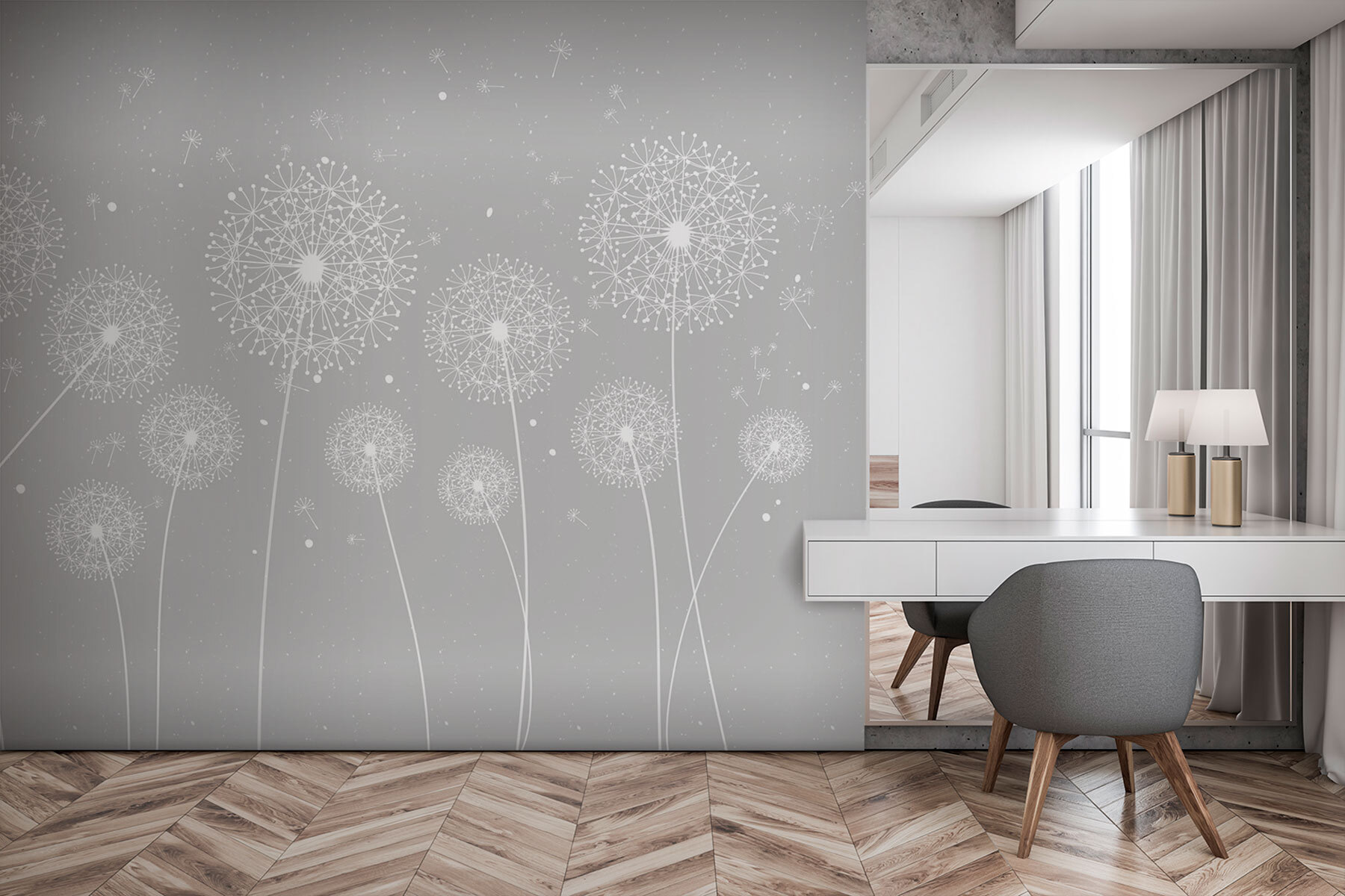 A white dandelions on a grey background
