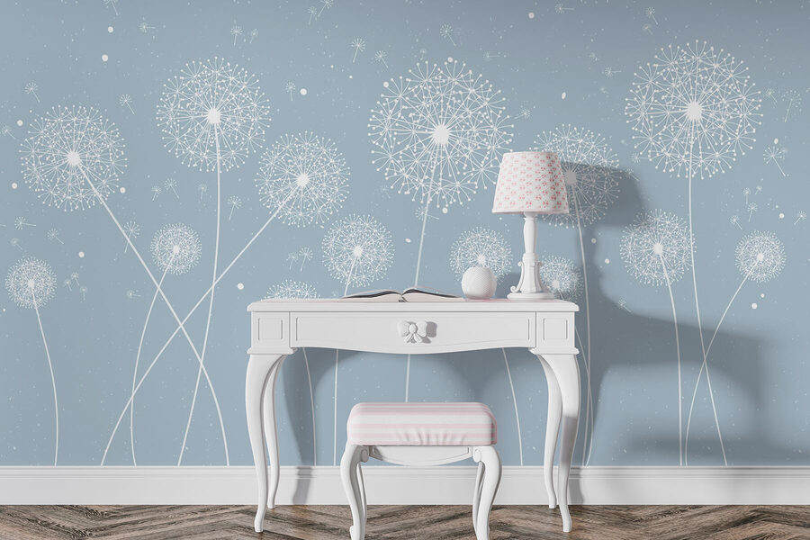Wall murals A white dandelions on a blue background