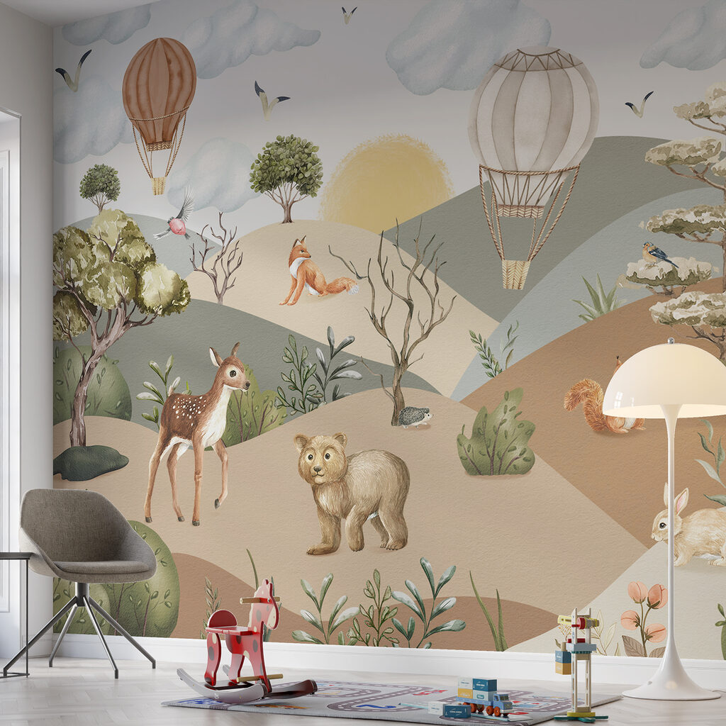 A landscape with animals and hot air balloons A landscape with animals and hot air balloons