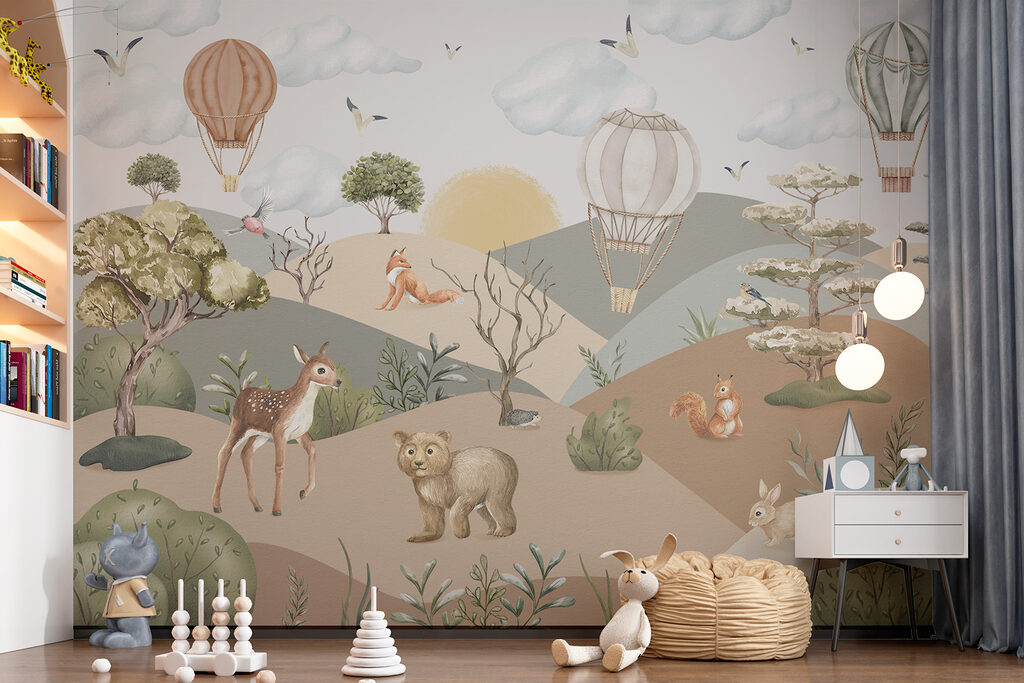 A landscape with animals and hot air balloons A landscape with animals and hot air balloons