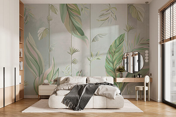 Wall mural Wall mural A wallpaper with leaves and lines (SKU: w00808)