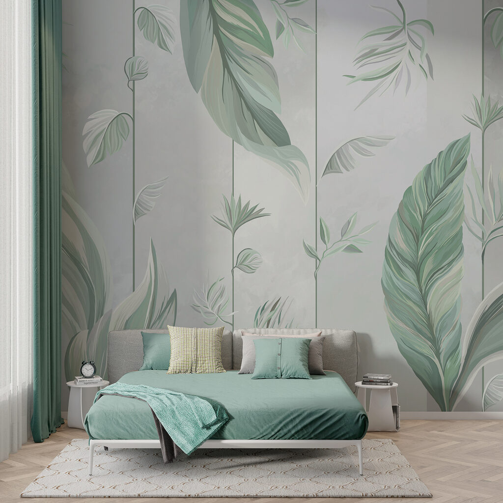 A wallpaper with leaves and flowers
