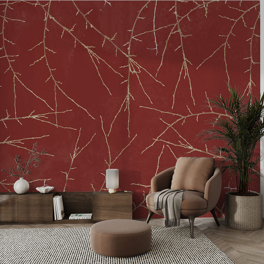A red background with branches