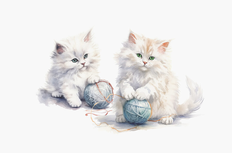 A watercolor of two kittens playing with yarn