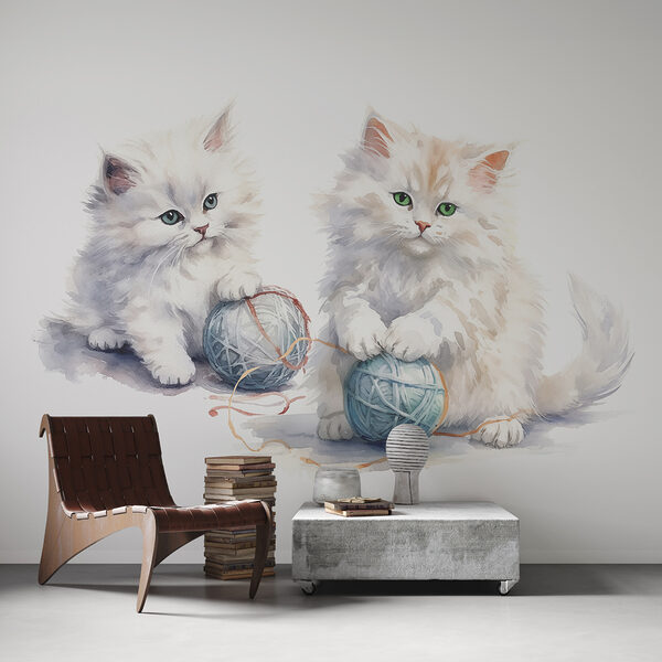 A watercolor of two kittens playing with yarn A watercolor of two kittens playing with yarn