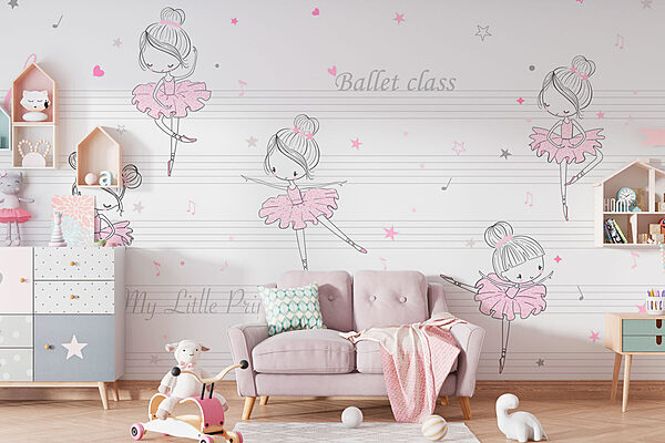 Wall mural Wall mural A group of pink and white ballet dancers on musical notes (SKU: w00755)