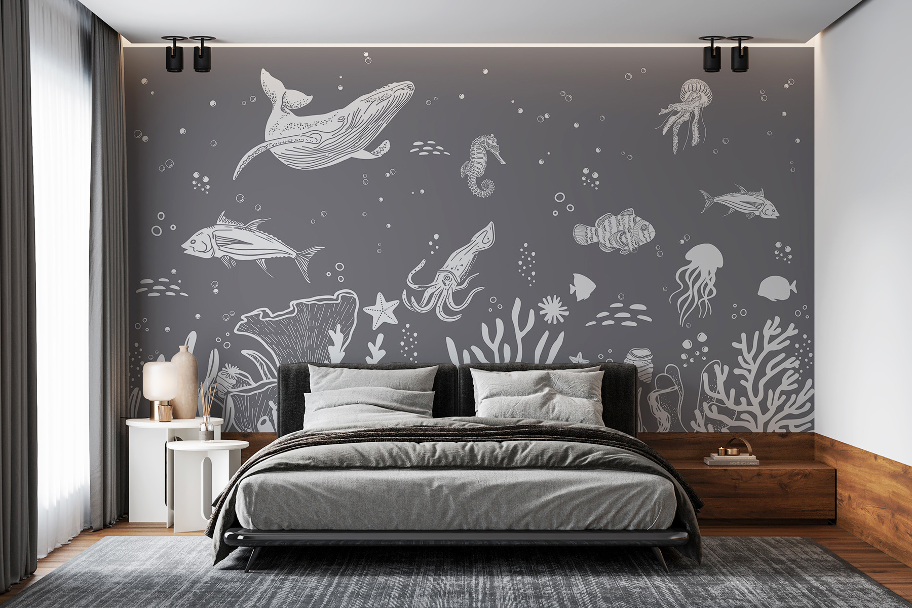 A white sea creatures on a gray background