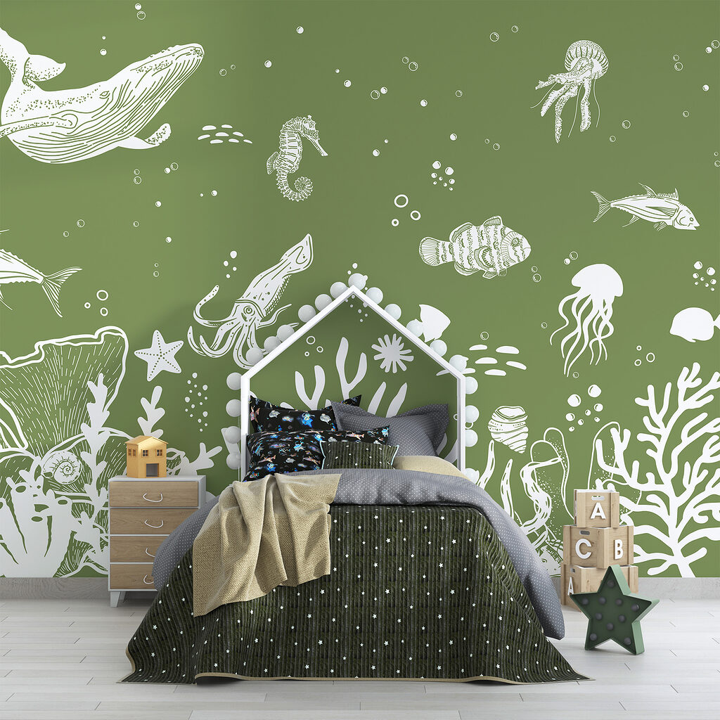A sea life drawing on a green background