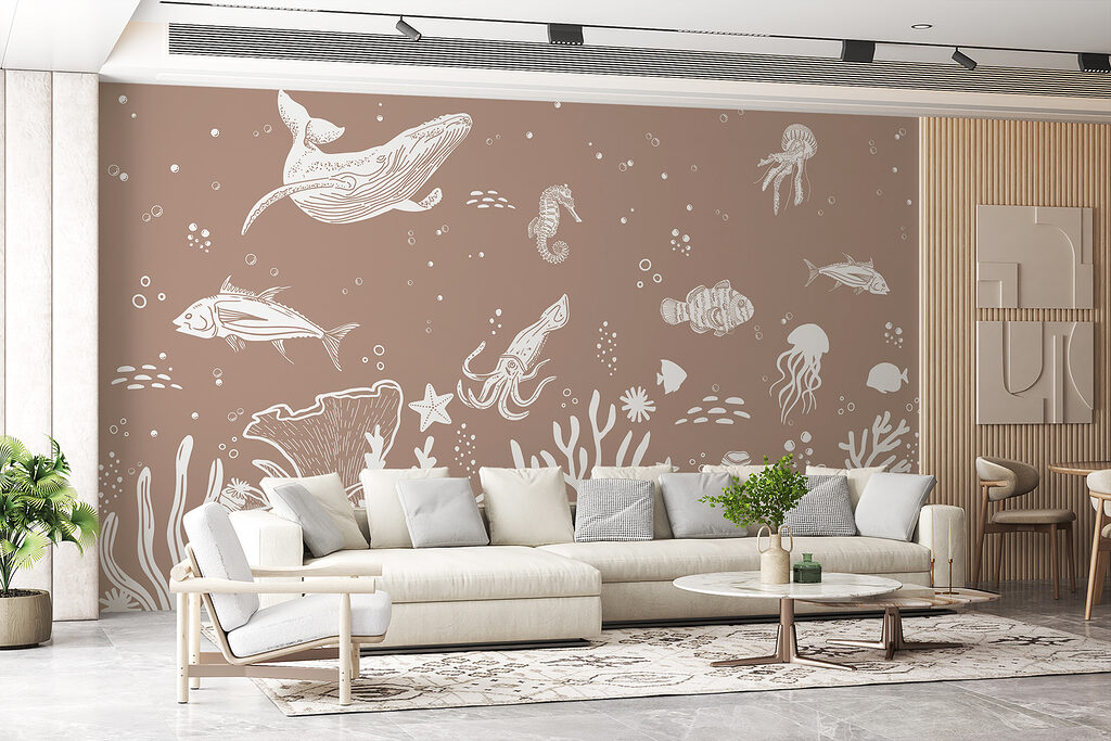 A white line drawing of sea animals