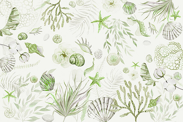 A watercolor sea creatures and plants