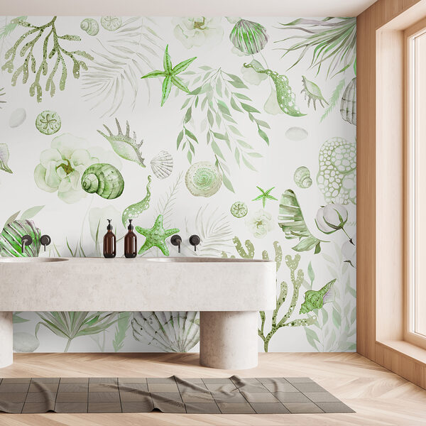 A watercolor sea creatures and plants