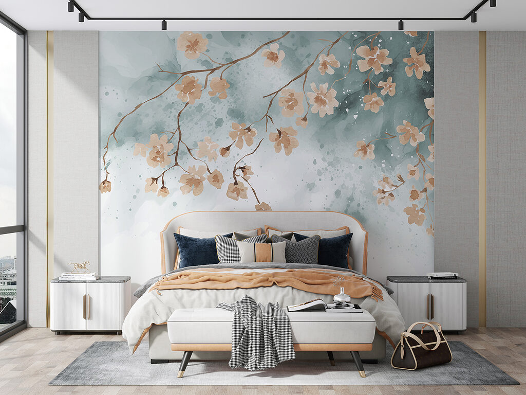 A painting of flowers on a branch