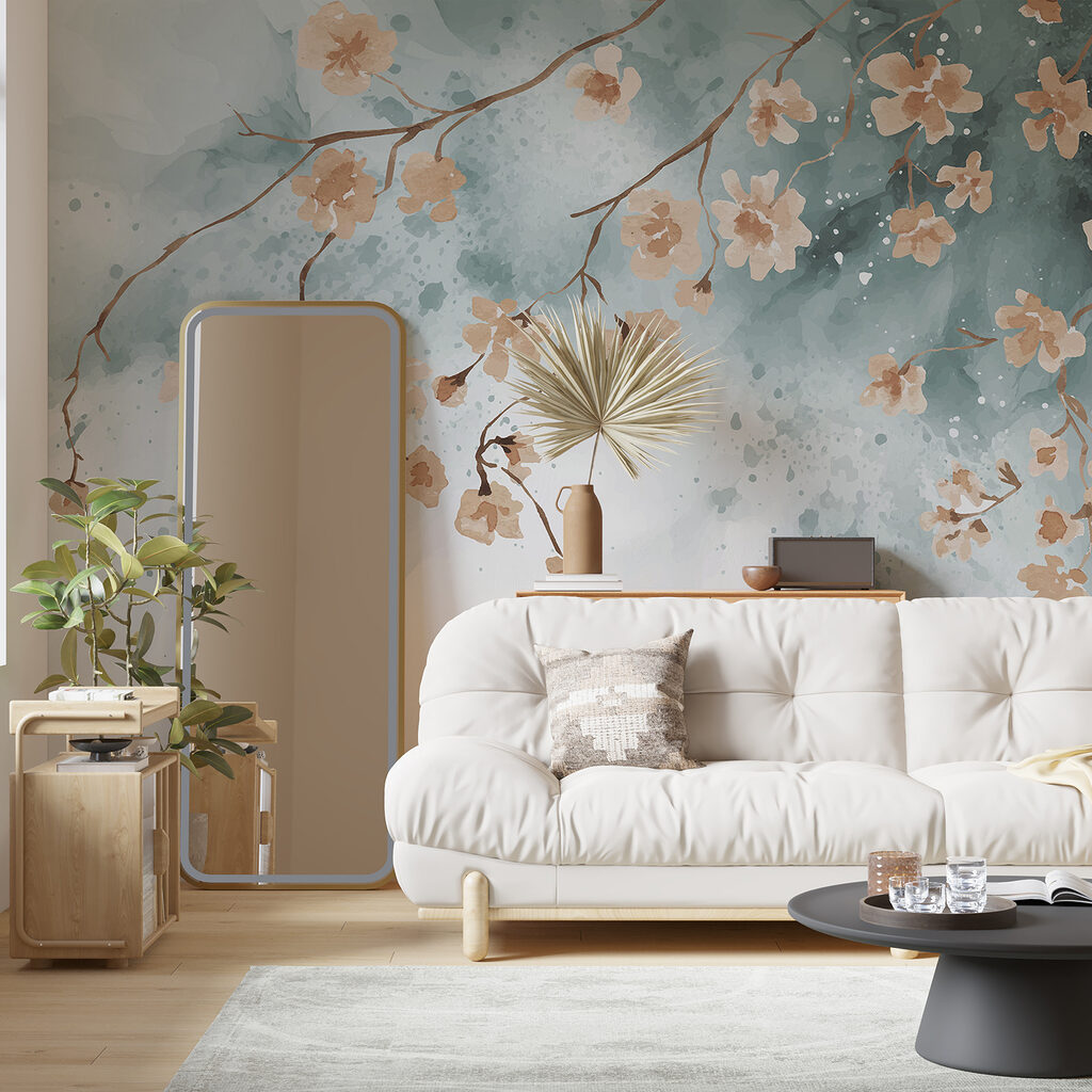 A painting of flowers on a branch